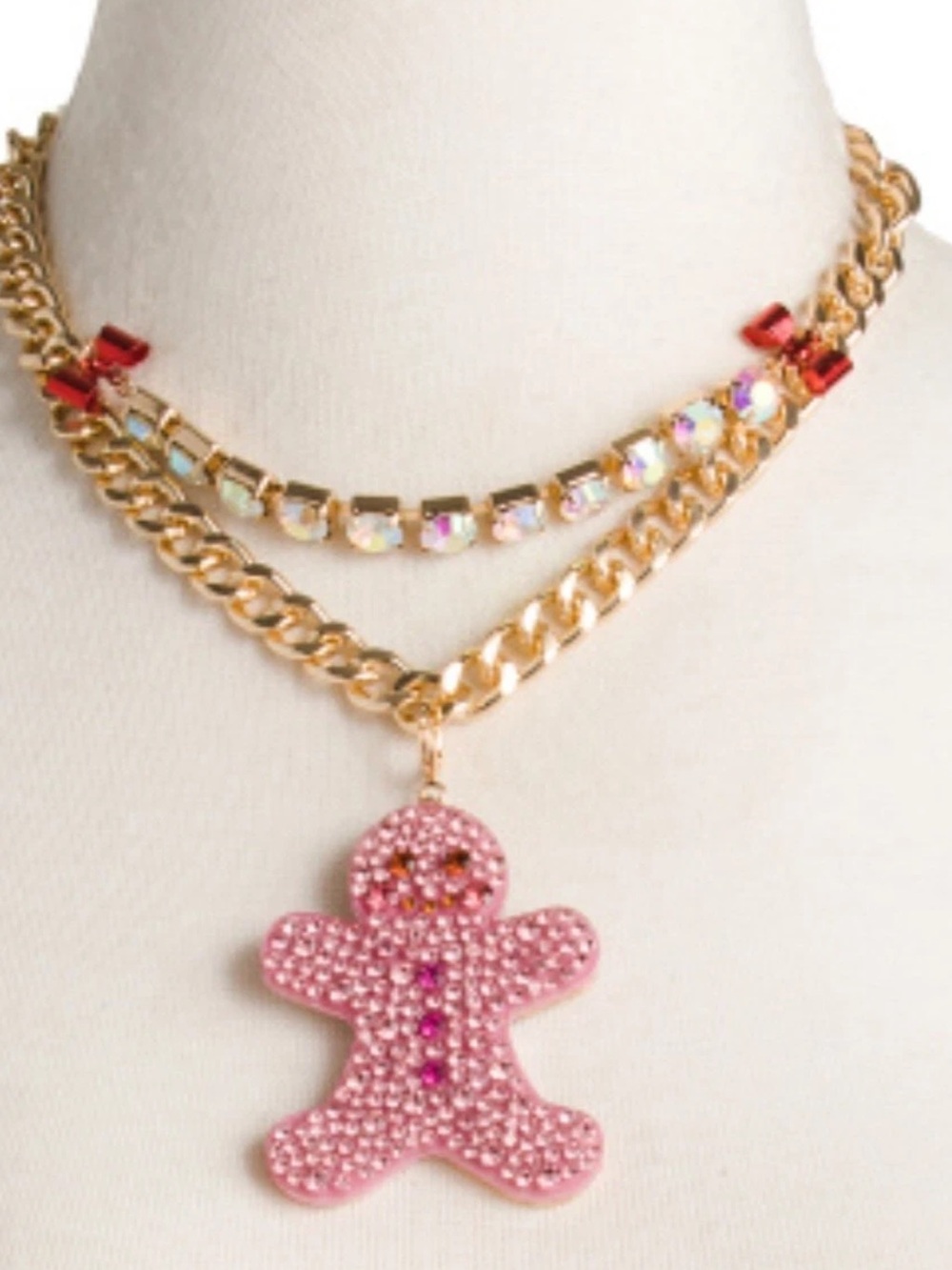 Betsy Johnson Pink Crystal Gingerbread Pendant ornament necklace nwt